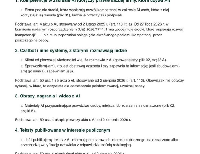 Pierwsza strona checklisty zgodności: każdy punkt z podstawą prawną i datą, od której obowiązuje