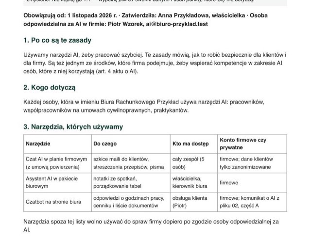 Pierwsza strona wypełnionego przykładu: zasady korzystania z AI w 5-osobowym biurze rachunkowym, z tabelą narzędzi i listą tego, czego nie wpisujemy do AI