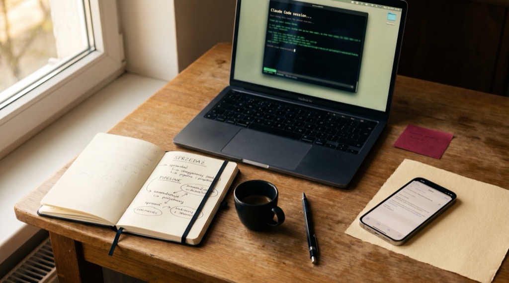 Workspace: MacBook z terminalem Claude Code, notatnik Moleskine z ręcznie napisanym lejkiem sprzedaży, filiżanka espresso. Poranne światło. Gliwice, kwiecień 2026.